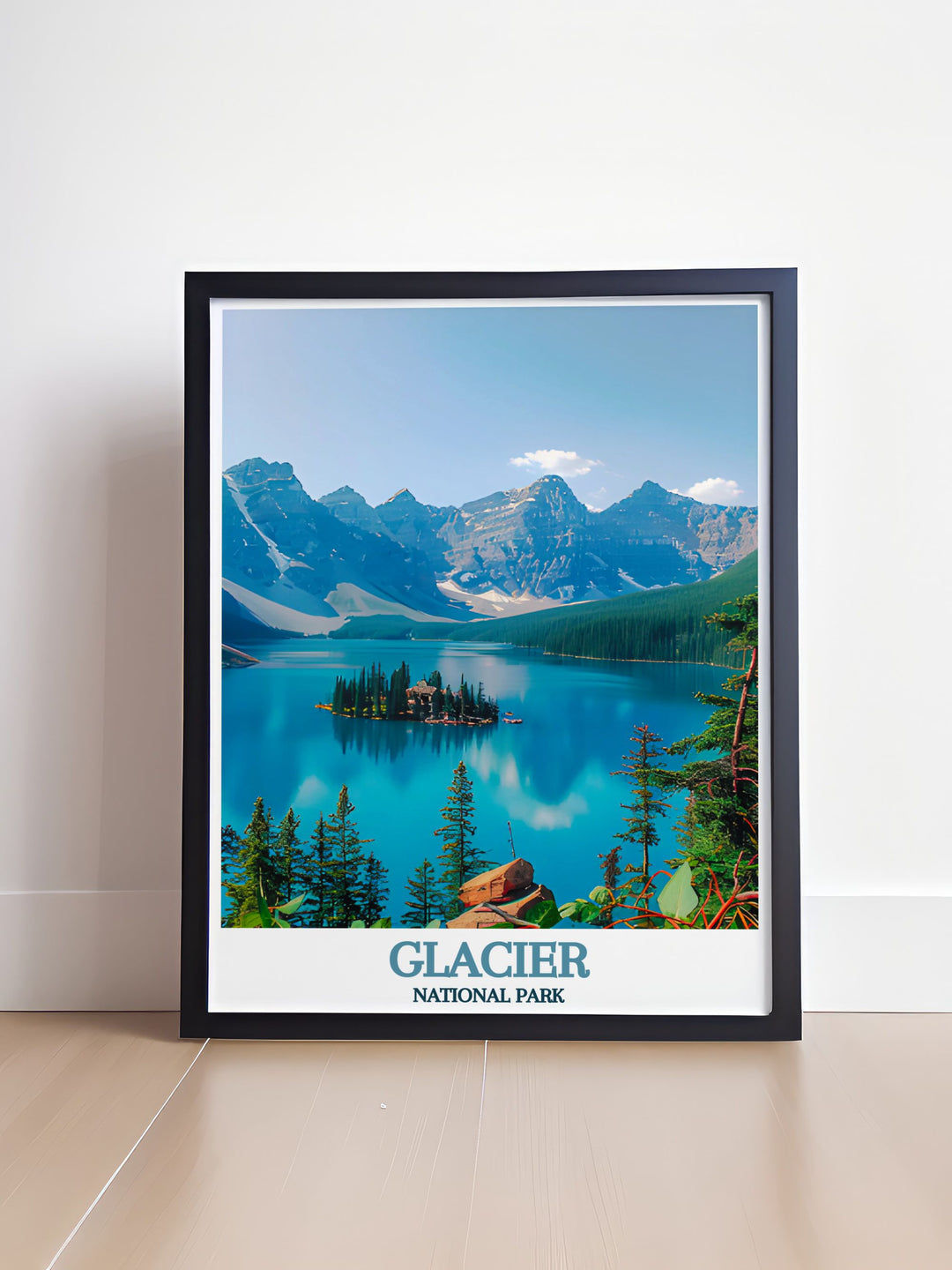 Illustration of St. Mary Lake at sunset, highlighting the serene beauty and picturesque landscape of Glacier National Park, ideal for those who appreciate the tranquility of nature.