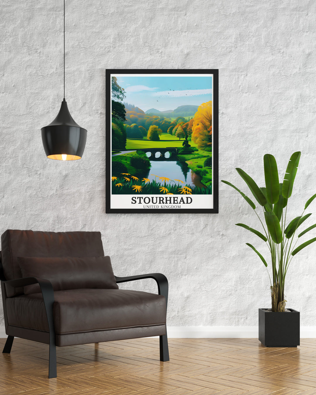 Stourhead Gardens Art Print featuring the Palladian Bridge in Wiltshire, UK, capturing the serene beauty of this iconic 18th century English landscape garden, perfect for adding a touch of British heritage to your home decor.