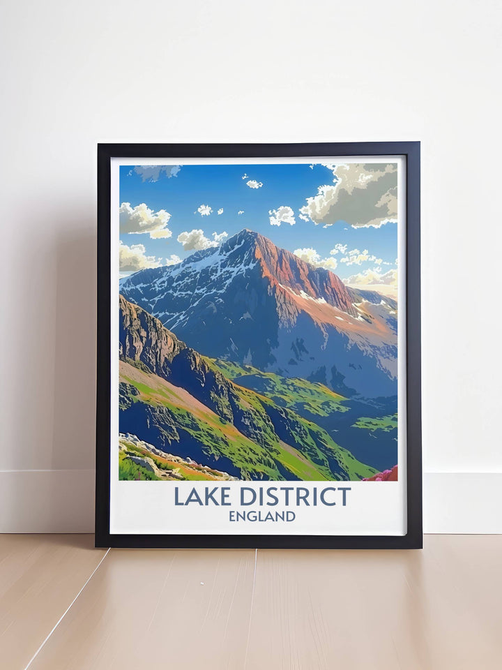 Stunning Lake District poster featuring the majestic Scafell Peak. This detailed artwork highlights the natural beauty and grandeur of one of North West Englands most famous mountains, ideal for travel art enthusiasts and nature lovers.