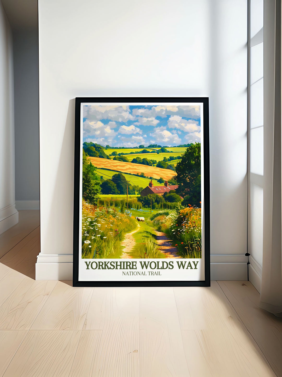 Detailed fine art print capturing the serene beauty of the Yorkshire Wolds Way, a national trail in the UK. The vibrant colors and intricate details showcase the rolling hills and lush landscapes, inviting viewers to experience the tranquility and charm of this hidden gem, perfect for nature lovers and art enthusiasts.