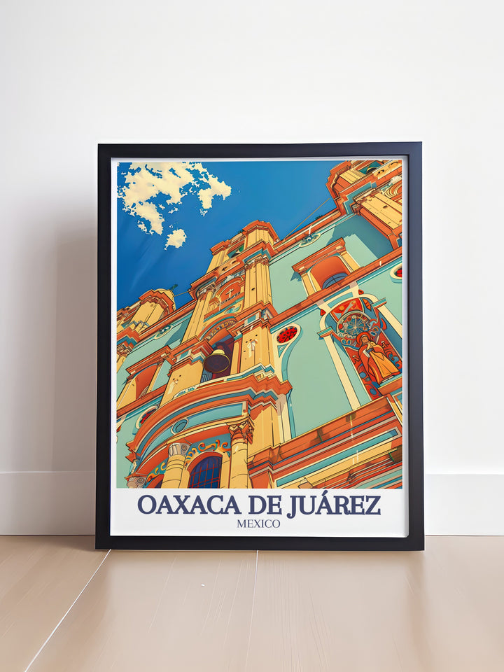 Celebrate the cultural richness of Oaxaca with this art print featuring the famous Santo Domingo Church. The Baroque architecture and historical significance make this artwork a striking addition to any Mexico themed décor.