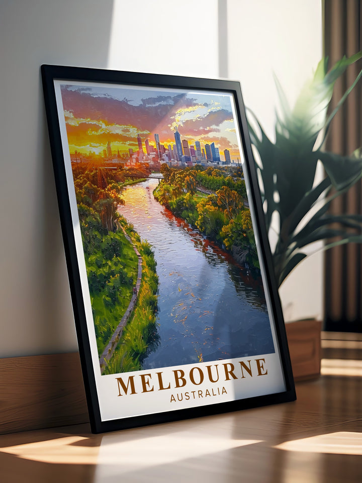 Featuring the tranquil Yarra River alongside Melbournes bustling cityscape, this Melbourne Travel Print brings a piece of the citys charm into your home. A perfect gift for those who appreciate travel and urban art.