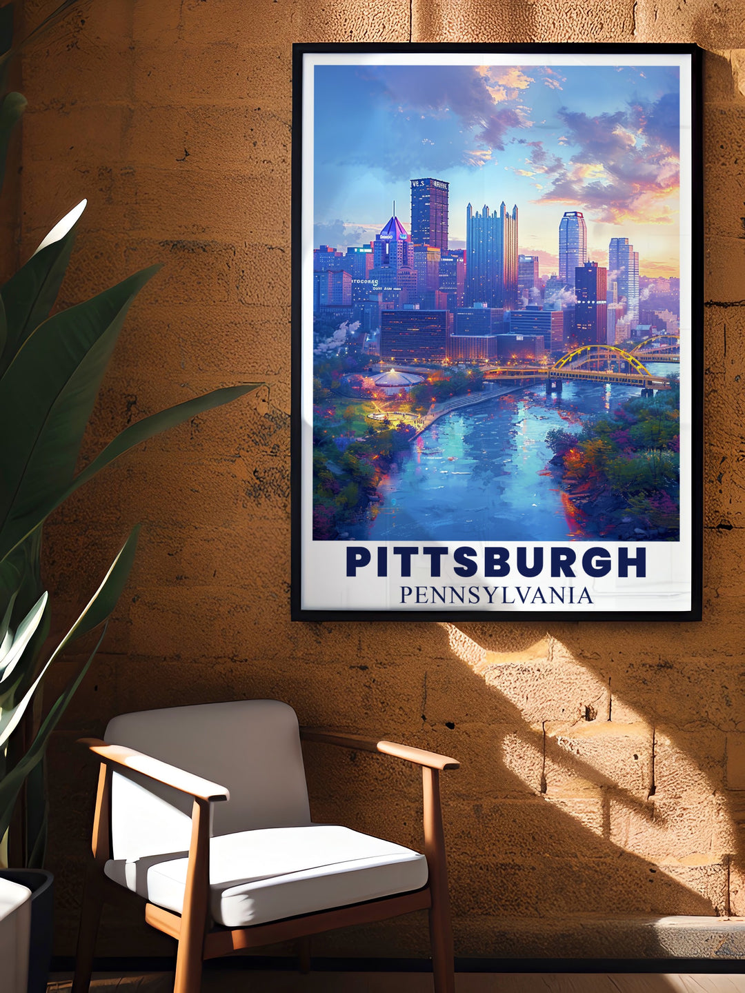 Pittsburgh skyline print featuring the famous bridges and downtown district. The artwork brings the energy of Pittsburghs urban landscape into your home, offering a stylish and detailed addition to any room.