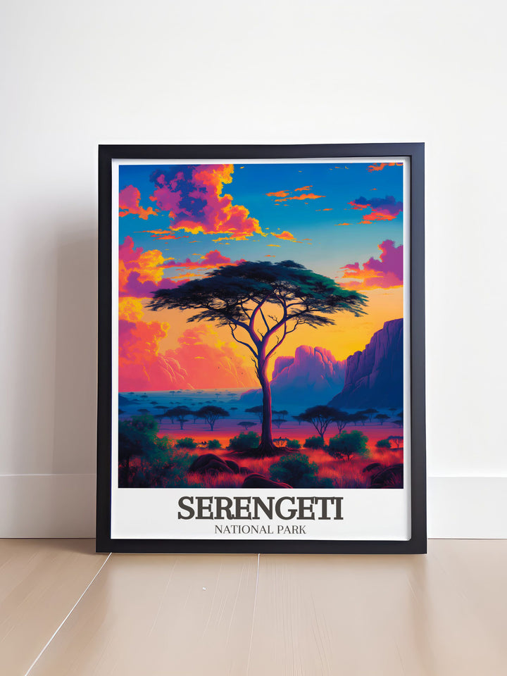 Acacia tree savanna national park print featuring the iconic Serengeti landscape perfect for nature lovers and travel enthusiasts looking to elevate their decor