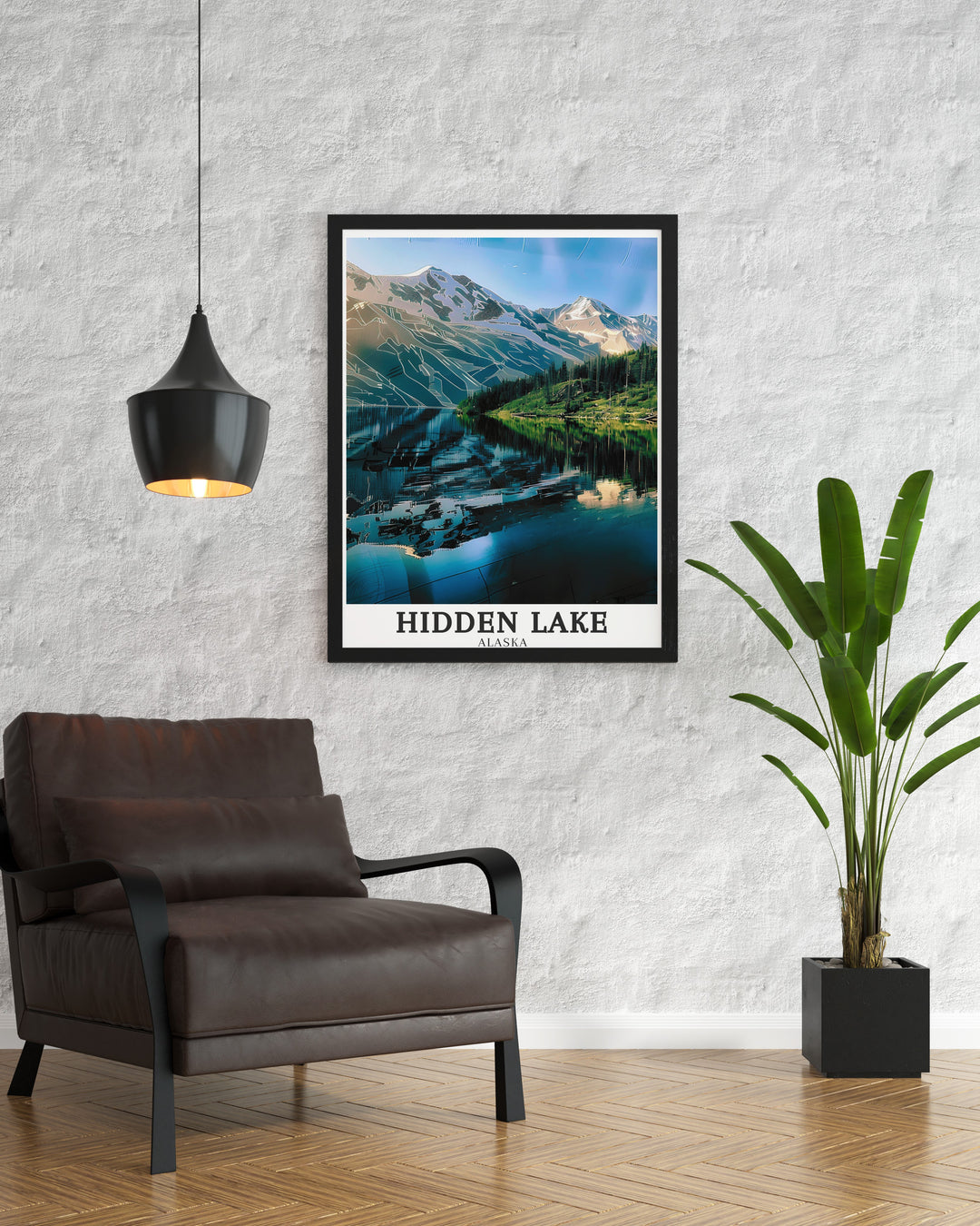 Hidden Lake wall art depicting the calm, reflective waters of one of Alaskas hidden gems. This framed art piece brings the serene and peaceful atmosphere of Hidden Lake into your home, ideal for creating a relaxing and calming environment in any room.