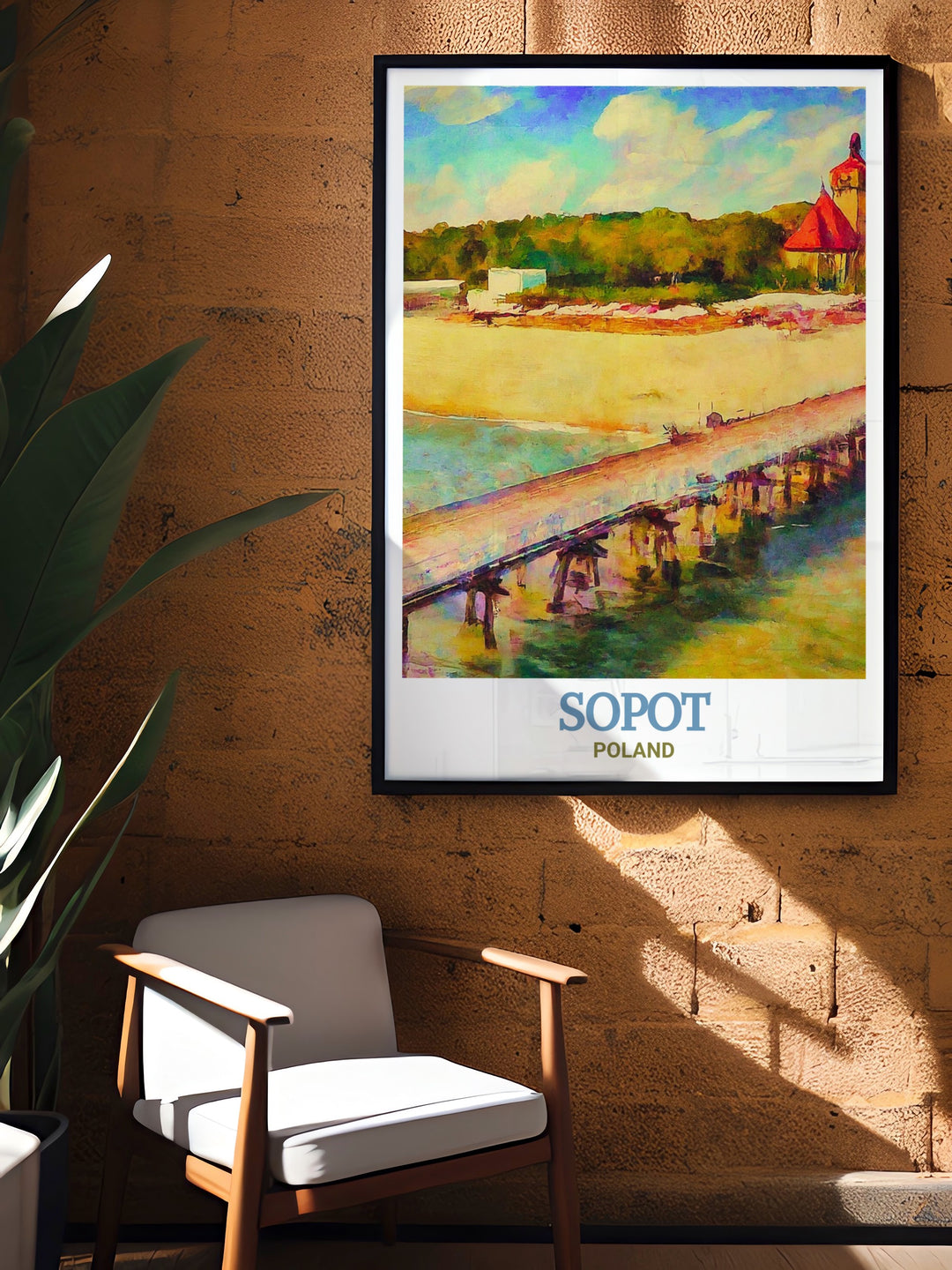 Vivid wall print of Sopot Pier, highlighting the iconic structure and the surrounding Baltic Sea. Perfect for enhancing your home decor, this artwork serves as a beautiful tribute to Sopots coastal charm and is an ideal gift for lovers of Polish culture.