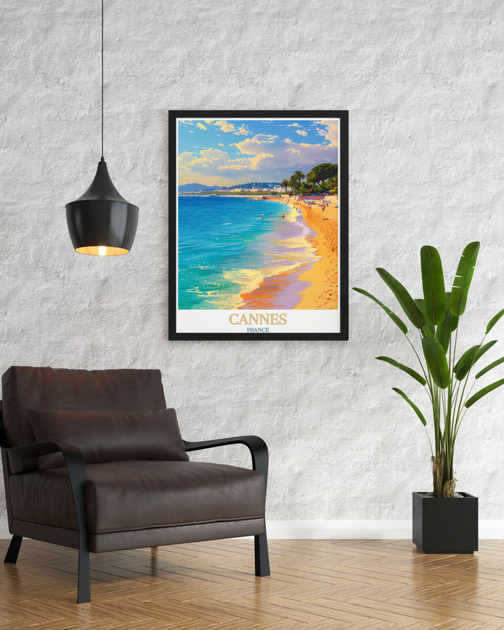 Stunning Plage de la Croisette poster highlighting the iconic beach of Cannes this France wall art is a perfect representation of French elegance and charm an ideal France travel art piece for any art collector or travel enthusiast seeking a unique decor piece