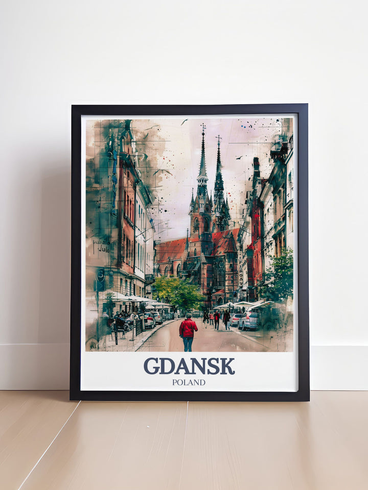 Mariacka Street, St. Marys Church Stunning Prints featuring detailed architectural elements. This city print in black and white is perfect for collectors and home decor enthusiasts who appreciate elegant and historical artwork.