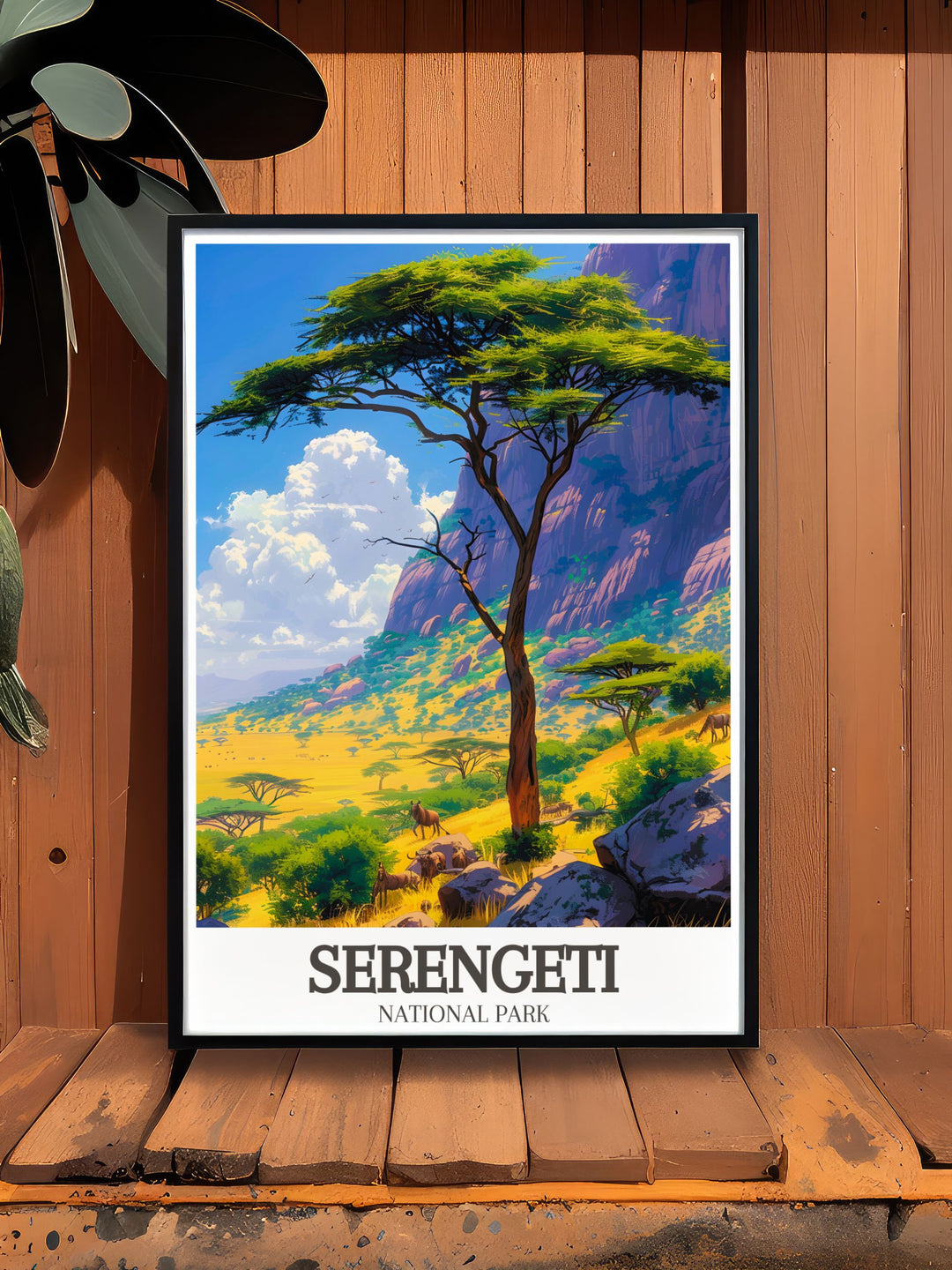 Stunning Acacia tree Wildlife savanna framed print featuring giraffes roaming the Serengeti perfect for adding a touch of African elegance to your home decor