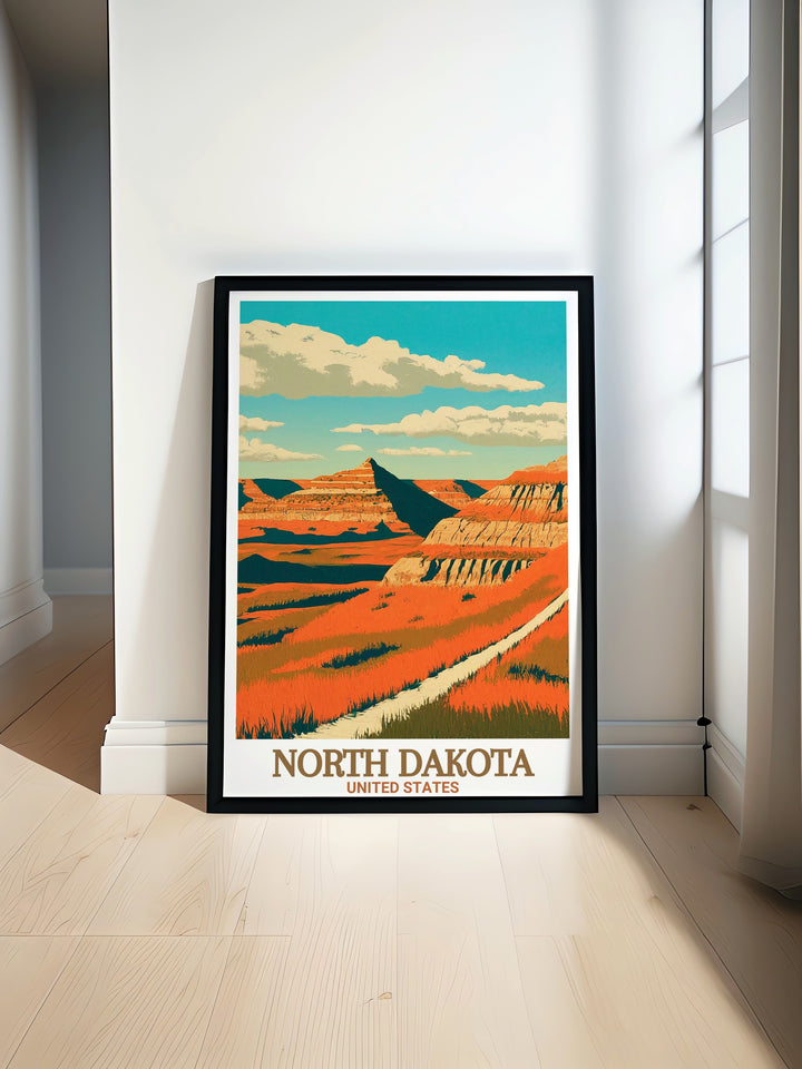 Maah Daah Hey Trail Travel Print featuring a detailed view of the iconic trail. This North Dakota artwork brings the untamed beauty of the Badlands into your space. Whether for home decor or a thoughtful gift, this poster highlights the trails captivating scenery.