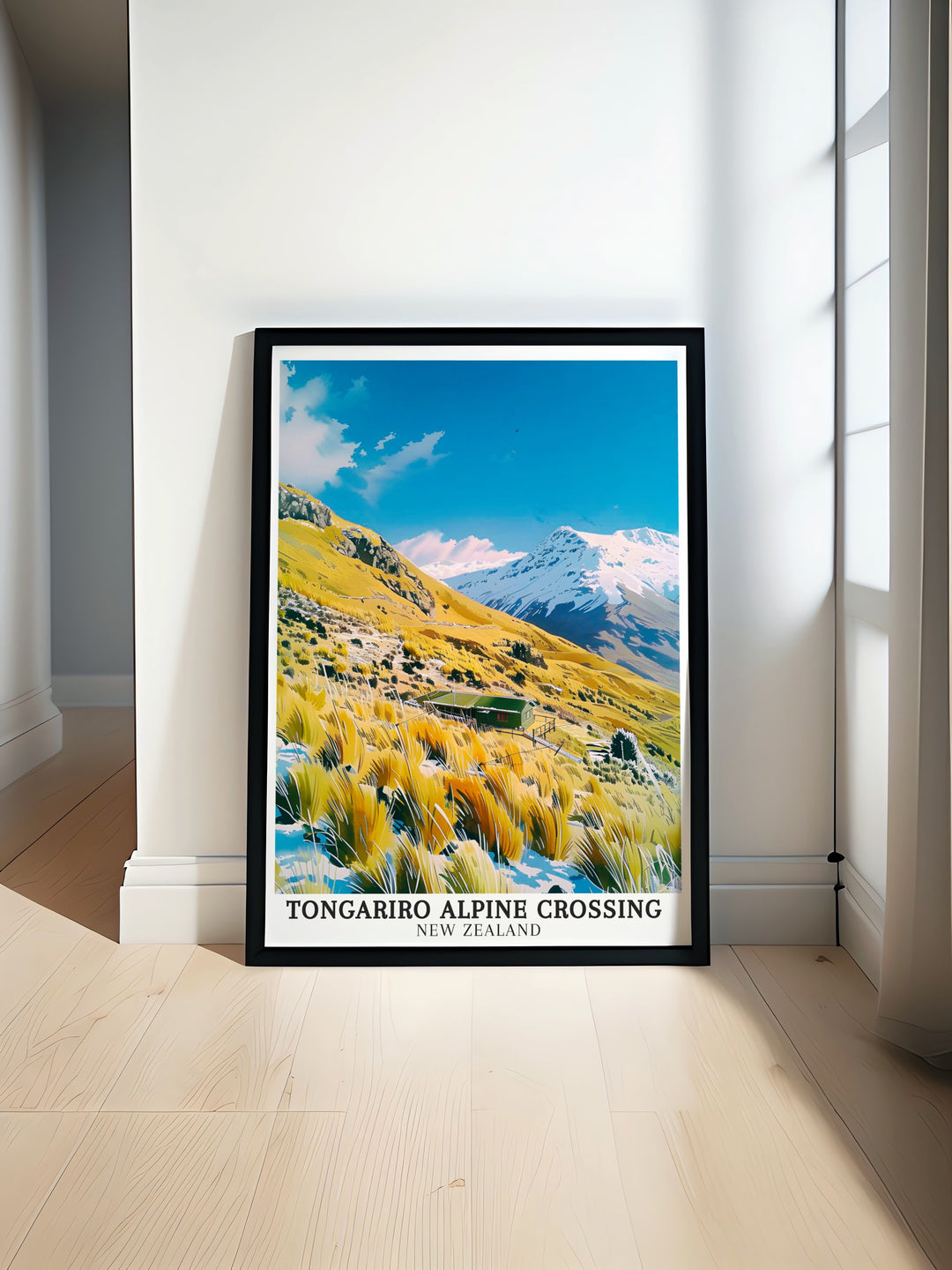 Tongariro Alpine Crossing travel print depicting the vast and rugged volcanic terrain, offering a perfect reminder of New Zealands renowned hiking trail. A must have piece for adventurers and travelers.