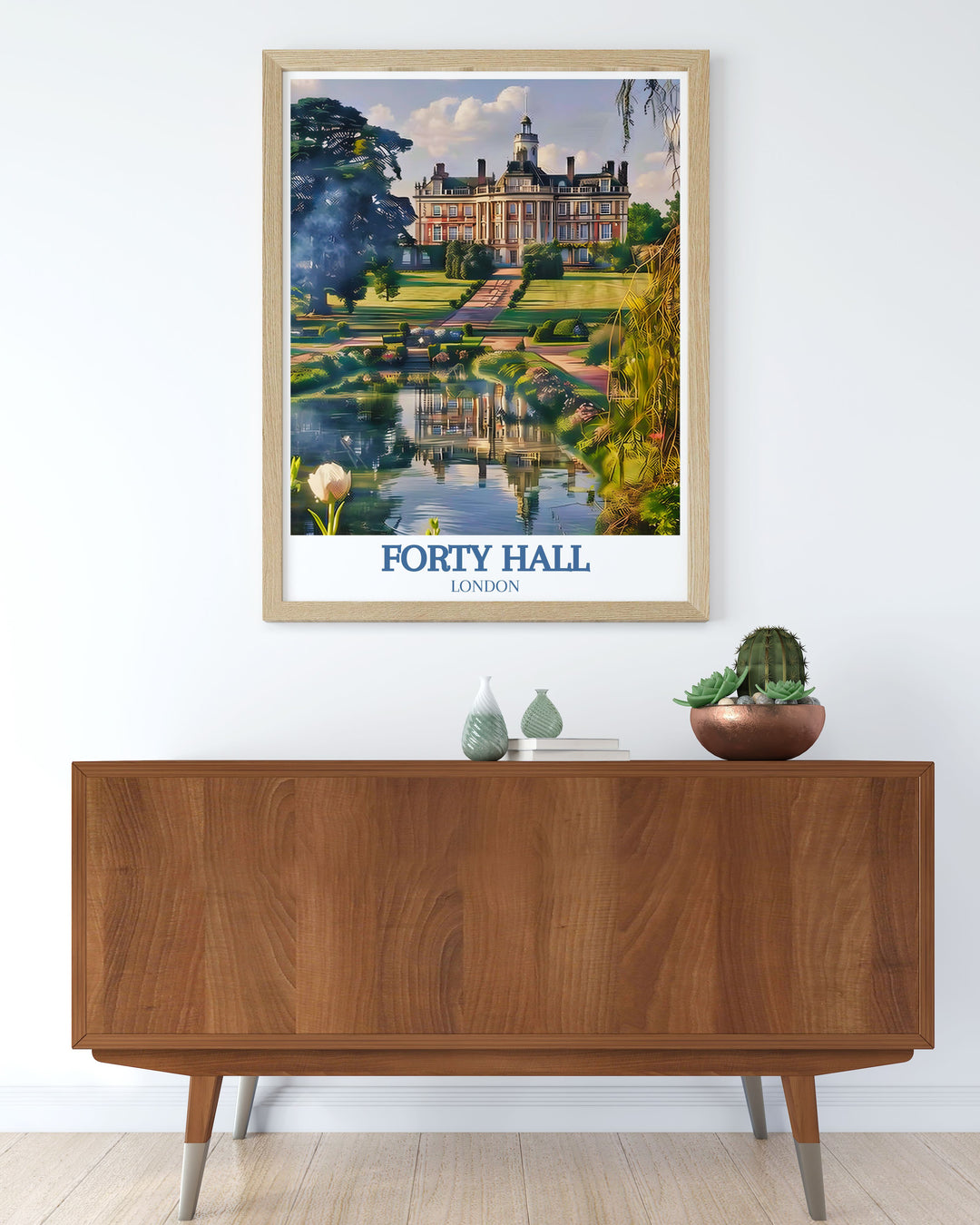 Depicting the grand architecture of Forty Hall, this artwork invites viewers to explore the historic mansion and its significant role in Londons heritage.