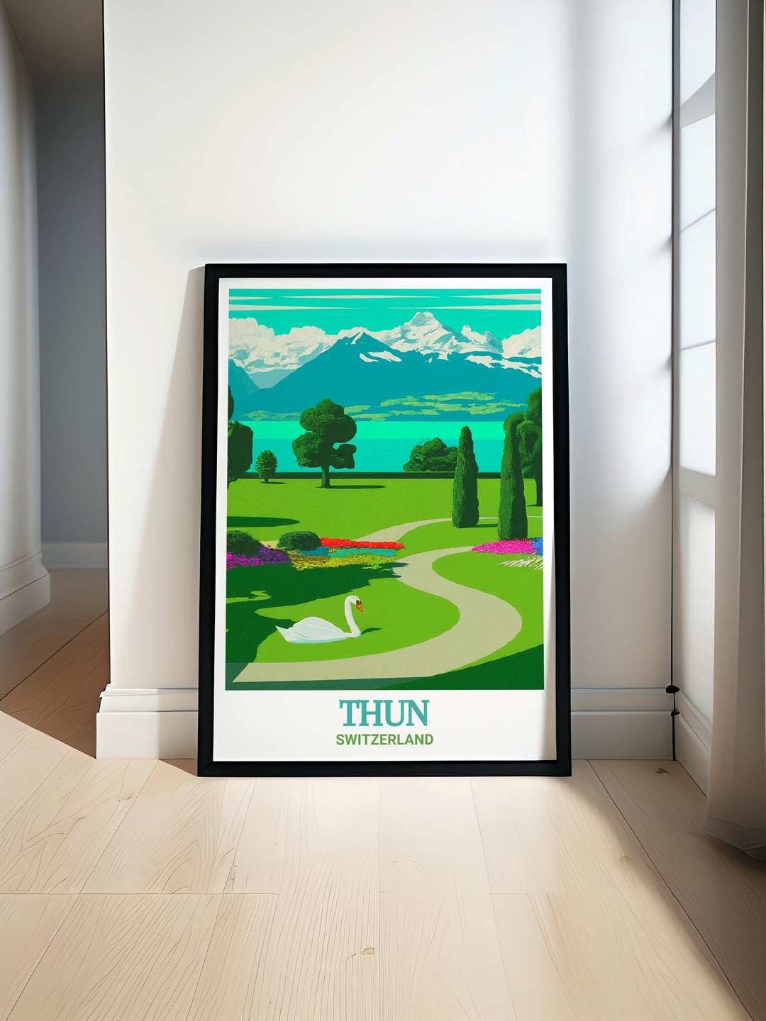 Thun Wall Art showcasing the scenic beauty of Schadau Park, with lush greenery and the serene waters of Lake Thun. A timeless piece of Swiss travel art, perfect for decorating living spaces or gifting.