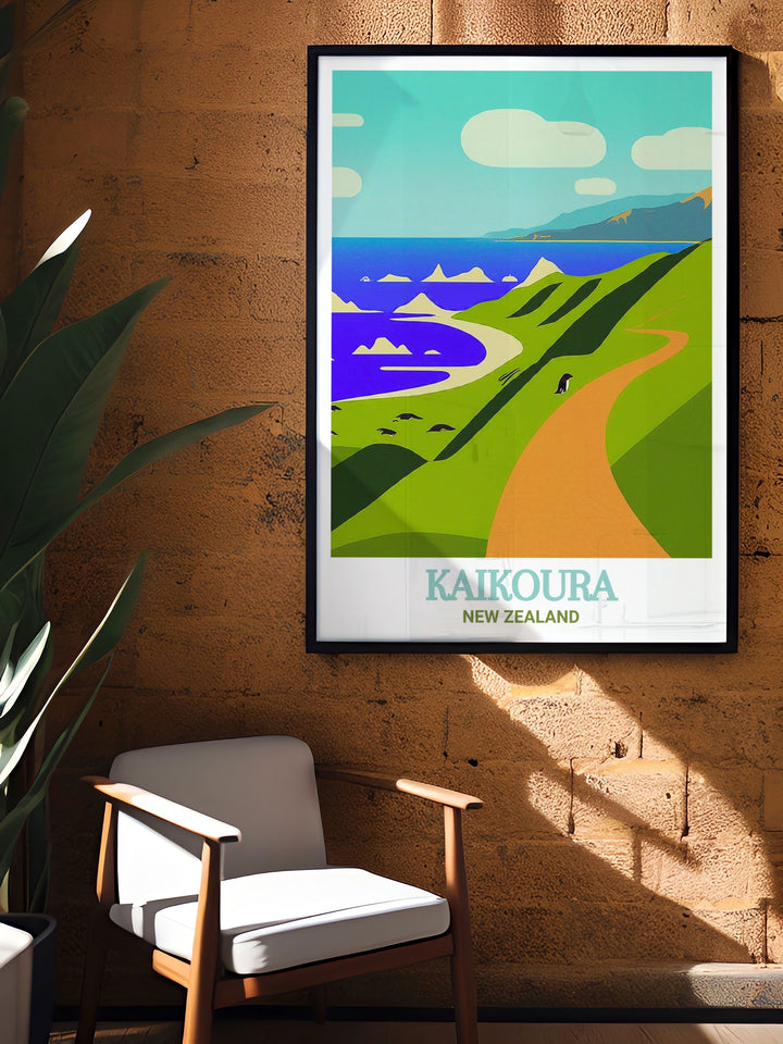 The natural splendor of Kaikouras coastline is beautifully depicted in this travel poster, which showcases the dramatic cliffs and serene waters of the Kaikoura Peninsula Walkway. This artwork is ideal for adding a touch of New Zealands charm to your living space.