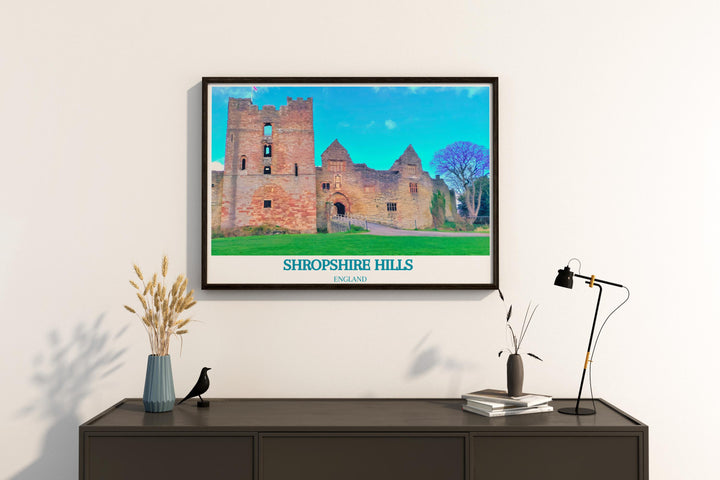 This Shropshire Print with Ludlow Castle offers a beautiful blend of history and nature showcasing the iconic landmarks of the West Midlands AONB in a vintage travel print style perfect for any room in your home where elegance and timeless design are valued.