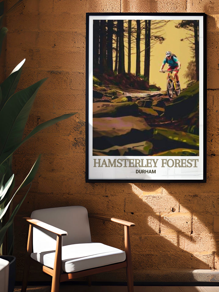 Stunning Hamsterley Forest Adventure Play Area digital print capturing the excitement of mountain biking in County Durham ideal for those who seek adventure and dynamic art pieces to enhance their home decor