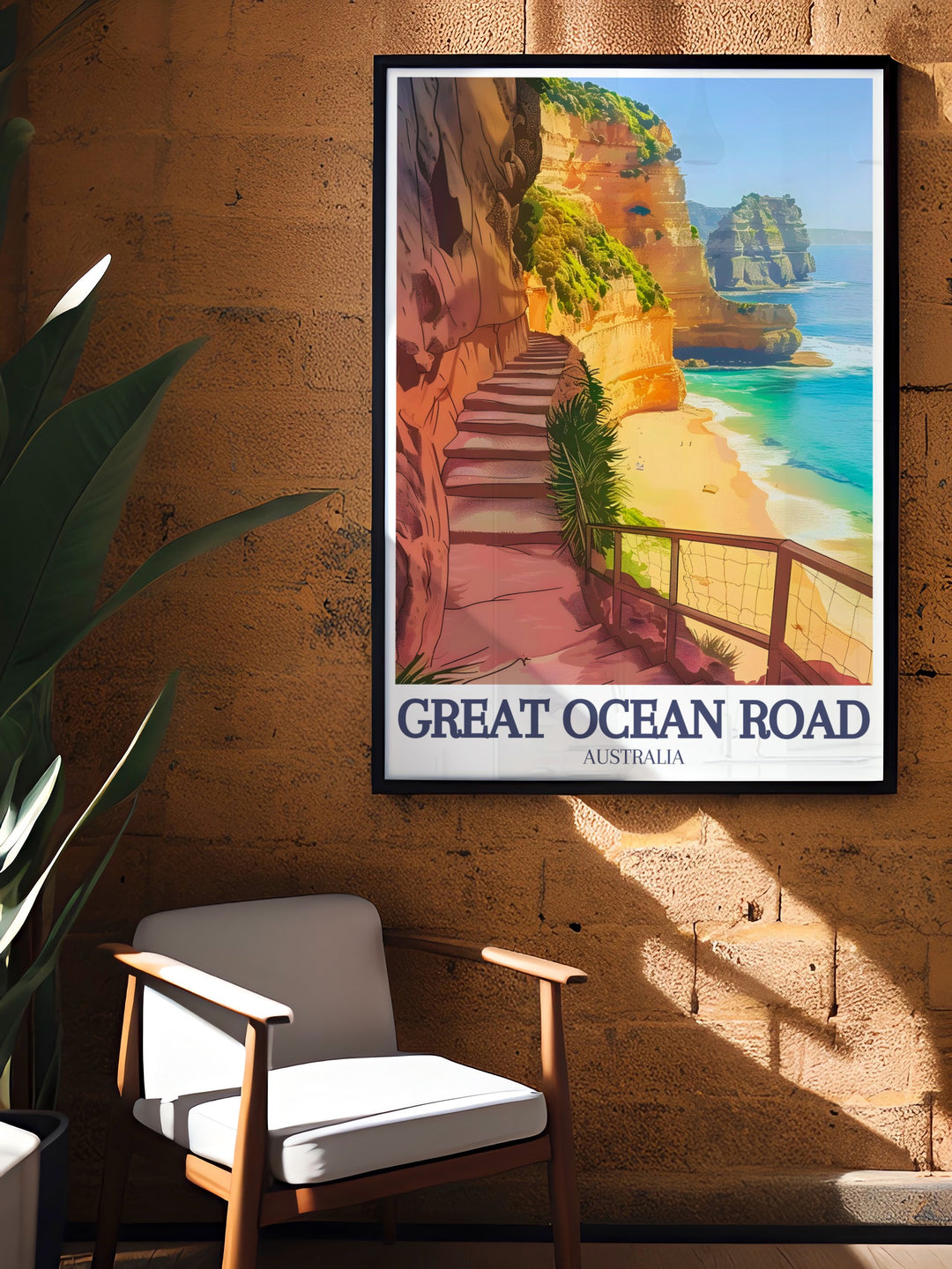 This travel print showcases the iconic Twelve Apostles along the Great Ocean Road. Perfect for your living space, it captures the dramatic cliffs and serene ocean views, making it a great gift for anyone who loves Australias unique landscapes.