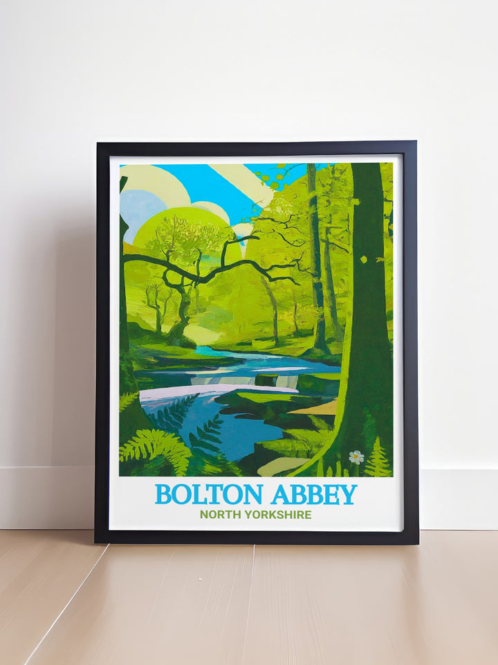 Bolton Priory Ruins framed print offering a detailed view of the historic Bolton Abbey nestled in the heart of the Yorkshire Dales perfect for bringing the beauty of North Yorkshires National Park into your home decor.