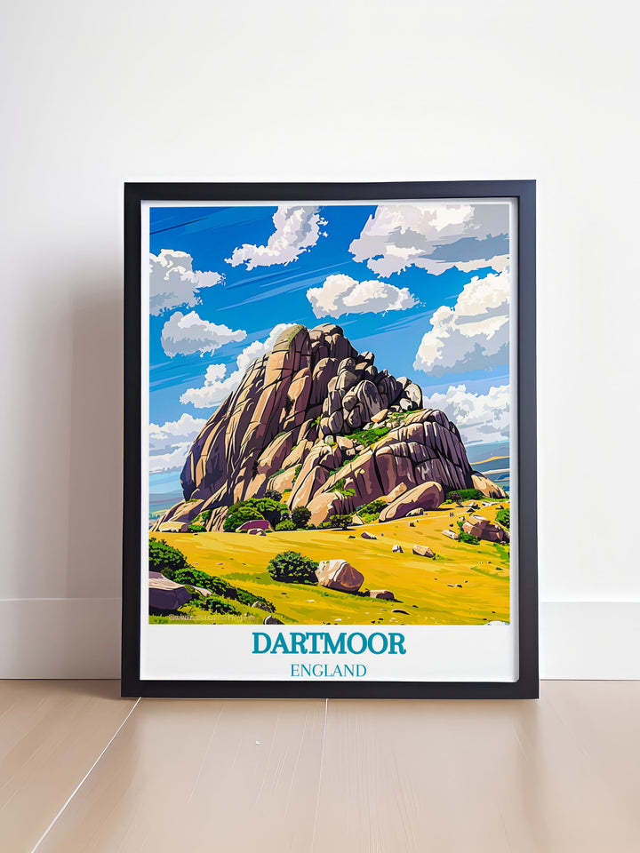 Travel poster featuring Haytor Rocks in Dartmoor, highlighting its rugged beauty and panoramic views over the Devon landscape.