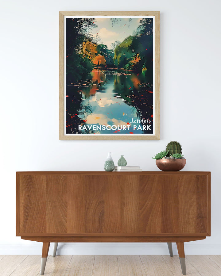 Stunning Ravenscourt Park Lake Wall Art featuring the serene lake surrounded by greenery and the iconic London baobab tree. This print adds a serene and historic touch to home decor, making it a perfect piece for those who love London parks and vintage travel art.