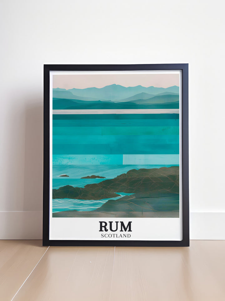 Askival peak rises majestically in this travel print, capturing the wild and untamed beauty of the Isle of Rum in Scotlands Inner Hebrides. A stunning addition for lovers of nature and Scottish landscapes.