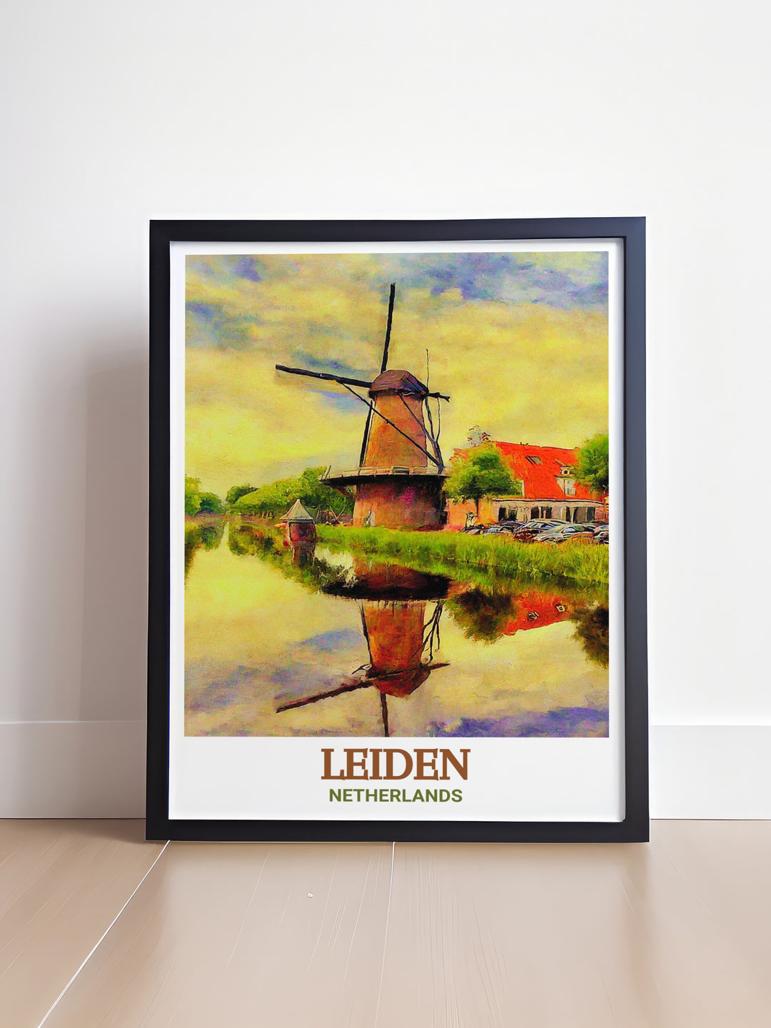 Leiden poster print capturing the citys picturesque canals, historic buildings, and rich cultural heritage. This travel poster brings the charm of the Netherlands into your home, offering a beautiful piece of decor for anyone who appreciates the elegance of Dutch cities.