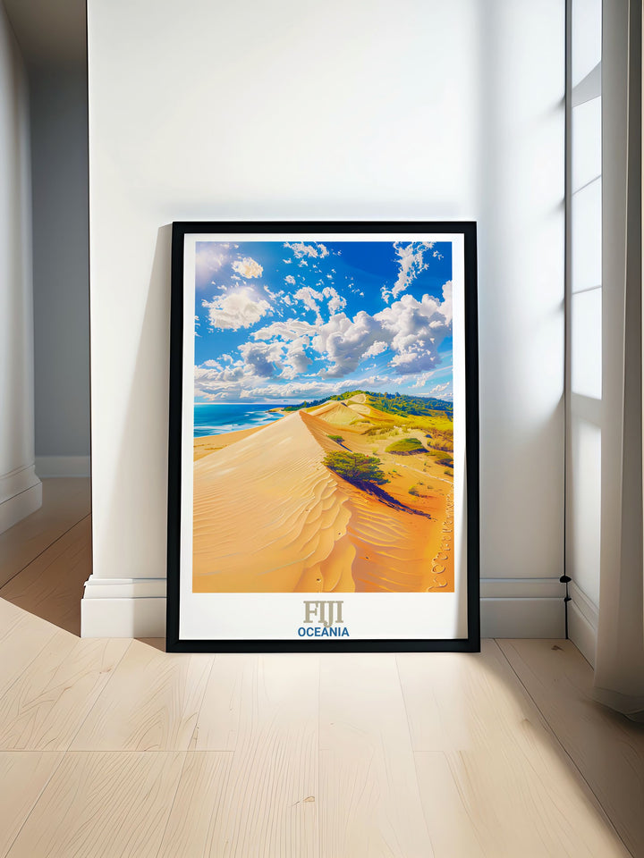 Sigatoka Sand Dunes National Park travel poster showcasing the stunning landscapes and vibrant colors of Fiji perfect for enhancing any room decor. This Fiji poster captures the unique beauty and serene atmosphere of Sigatoka Sand Dunes National Park.