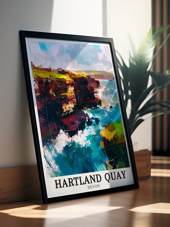 South West Coast Path travel poster offering a detailed view of the rolling hills and ocean vistas that make this walking route a favorite for nature lovers. This wall print creates a serene and calming environment in your home, ideal for lovers of the outdoors.