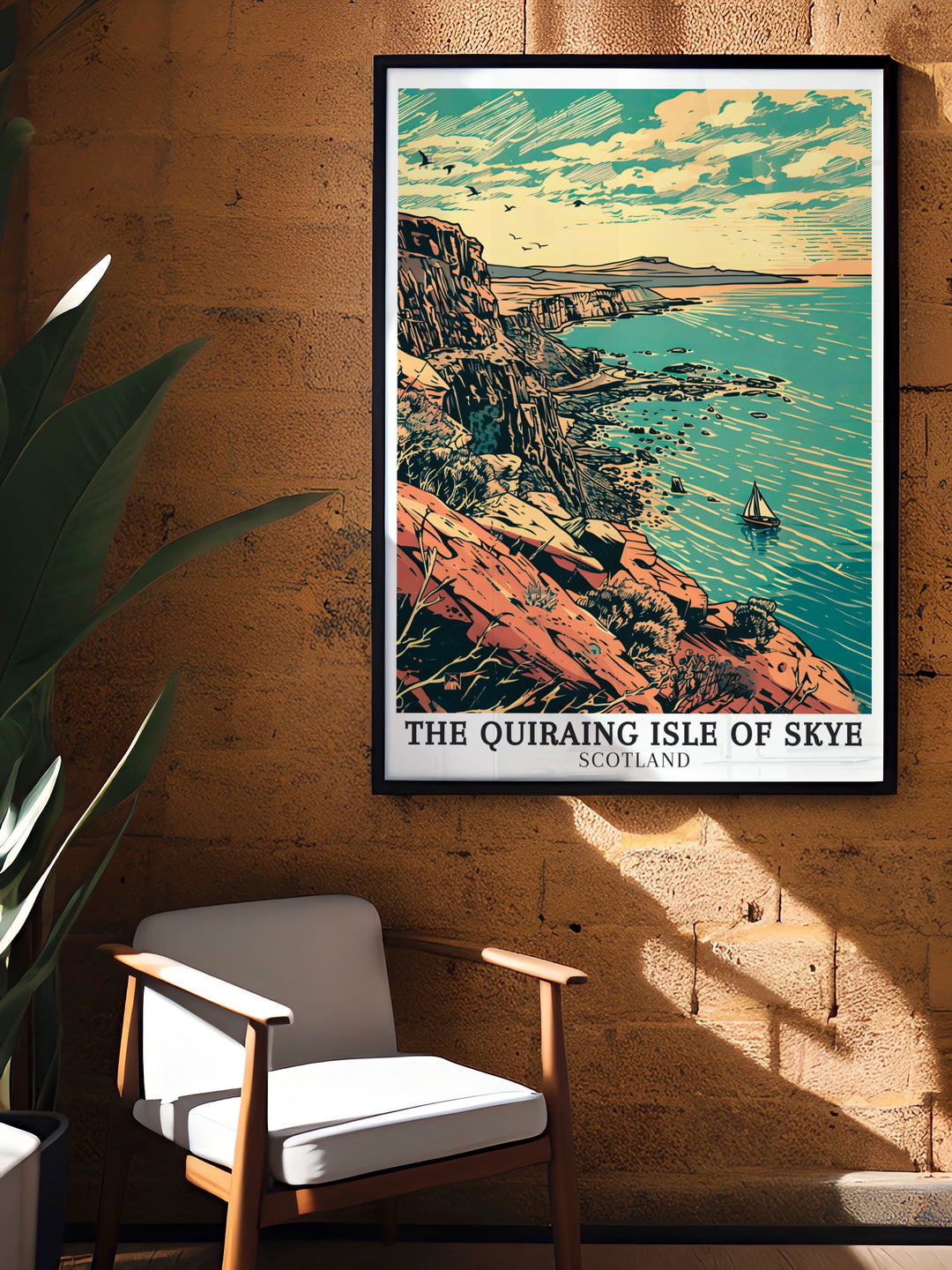 Beautifully designed Isle of Skye print showing The Quiraing with detailed illustrations of Trotternish Ridge and Staffin Bay ideal for creating a stylish and inspiring space reflecting Scottish natural beauty.