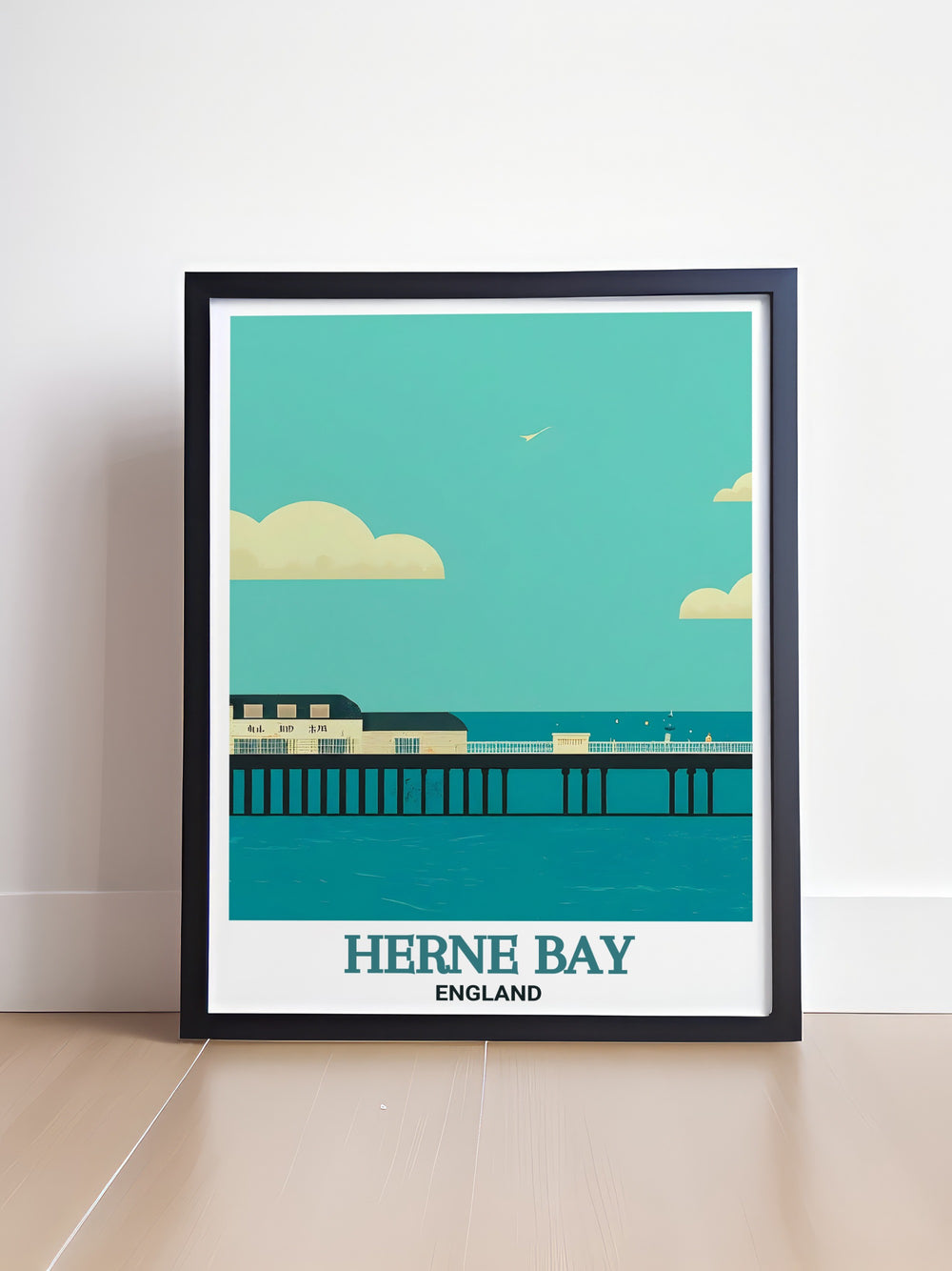 This Herne Bay poster print features the iconic Herne Bay Pier, a prominent landmark along Kents coast. Perfect for lovers of British seaside towns, this travel print captures the piers charm and the natural beauty of the surrounding seafront.