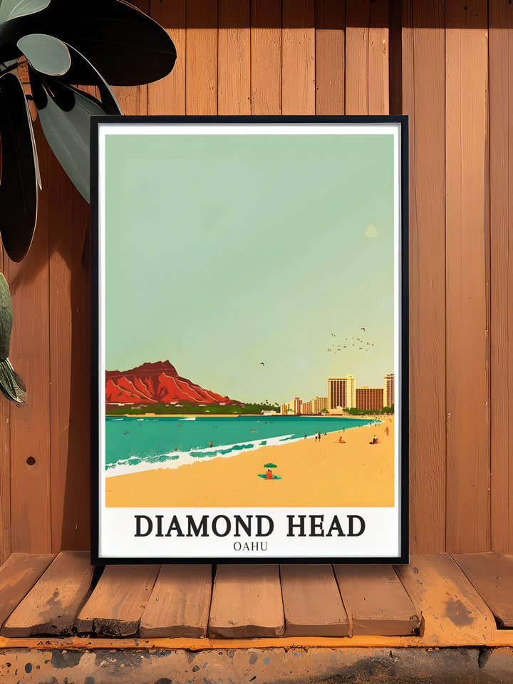 Honolulus skyline comes alive in this art print, capturing the essence of Oahus vibrant city life set against the backdrop of iconic natural landmarks like Diamond Head and Waikiki Beach.