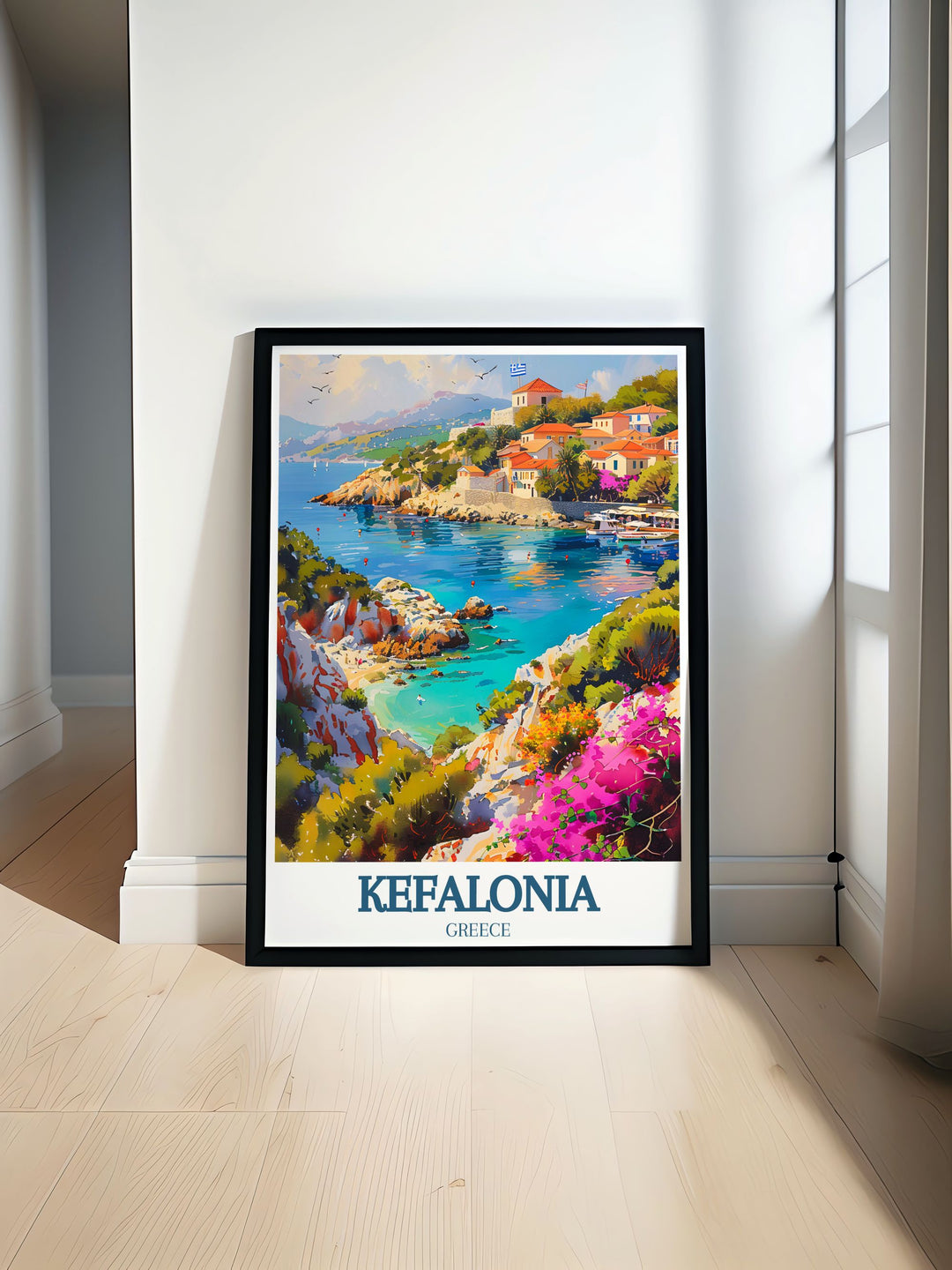 This travel poster showcases the picturesque beauty of Kefalonia, capturing its stunning landscapes and charming villages. The vibrant illustration brings the essence of this Greek island paradise to life.