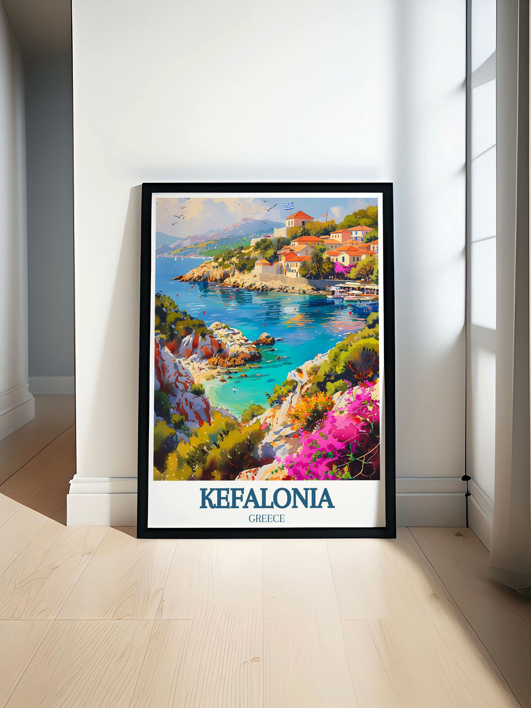 Bring the beauty of the Greek islands into your home with this Kefalonia poster print, featuring the iconic Assos Village and the crystal clear waters of the Ionian Sea.