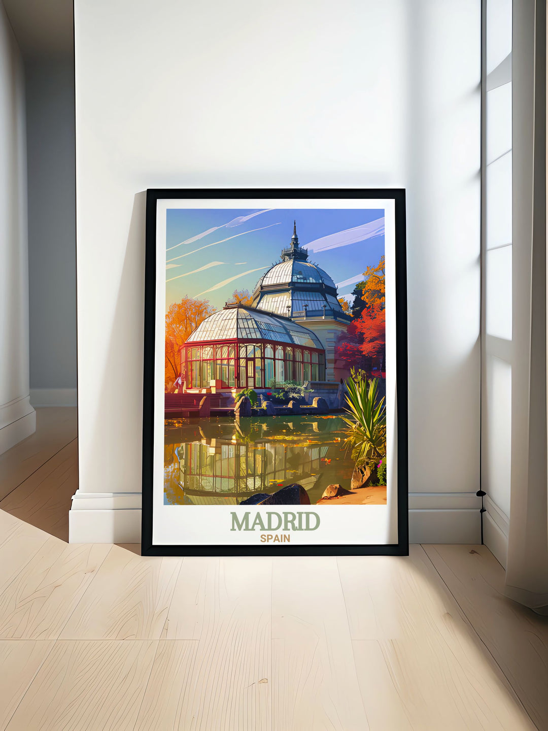 Retiro Park minimalistic poster showcasing Madrids iconic green space. Perfect for modern home decor this elegant print adds a touch of Spanish charm to any room with its clean and serene design capturing the beauty of Retiro Park.