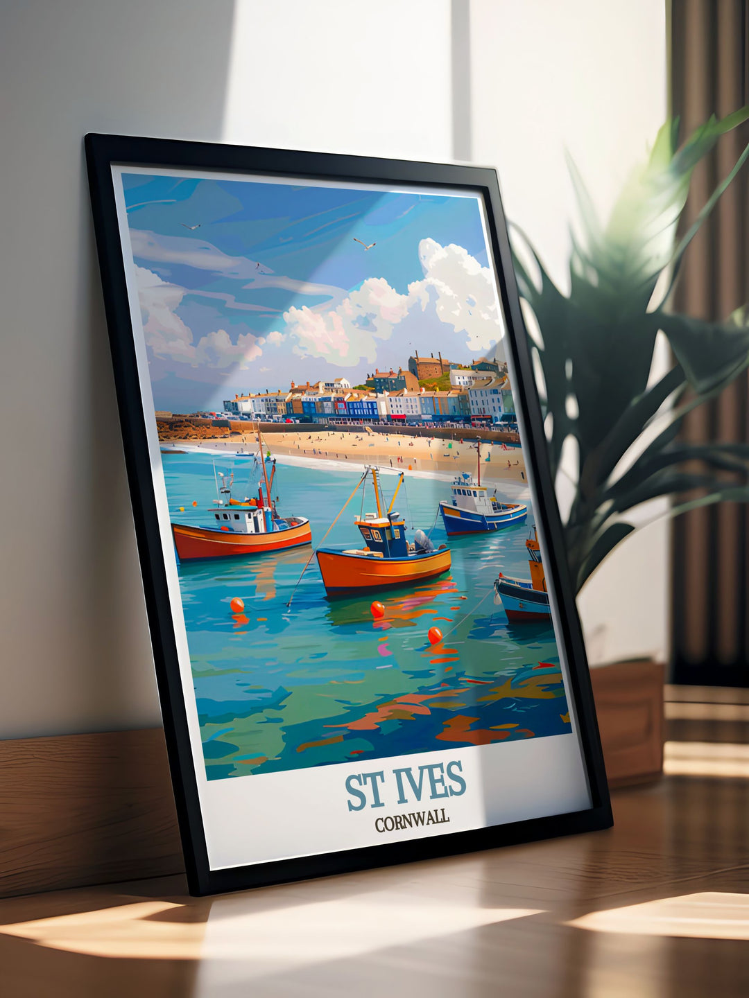 This travel poster captures the lively atmosphere of St Ives Harbour, inviting viewers to experience the daily life and scenic beauty that make this Cornish town a beloved destination.