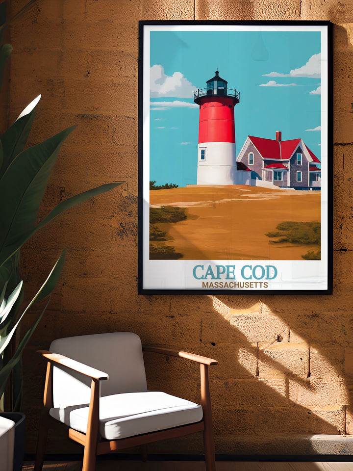 Celebrate the maritime history of Cape Cod with this colorful travel print of Nauset Lighthouse. Perfect for wall decor or as a gift for lighthouse lovers, this artwork brings the Capes coastal charm into any space.