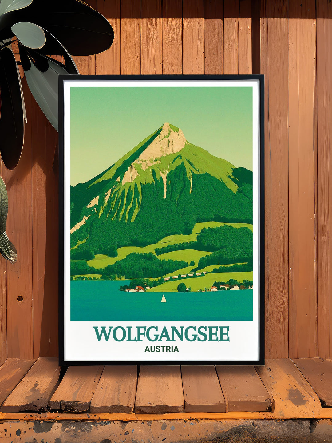 Wolfgangsee and Schafberg Mountain travel art capturing the iconic landmarks in vibrant detail. This print brings the beauty of Austrias natural landscapes into your living space, making it a perfect gift for friends and family who love to travel and explore.