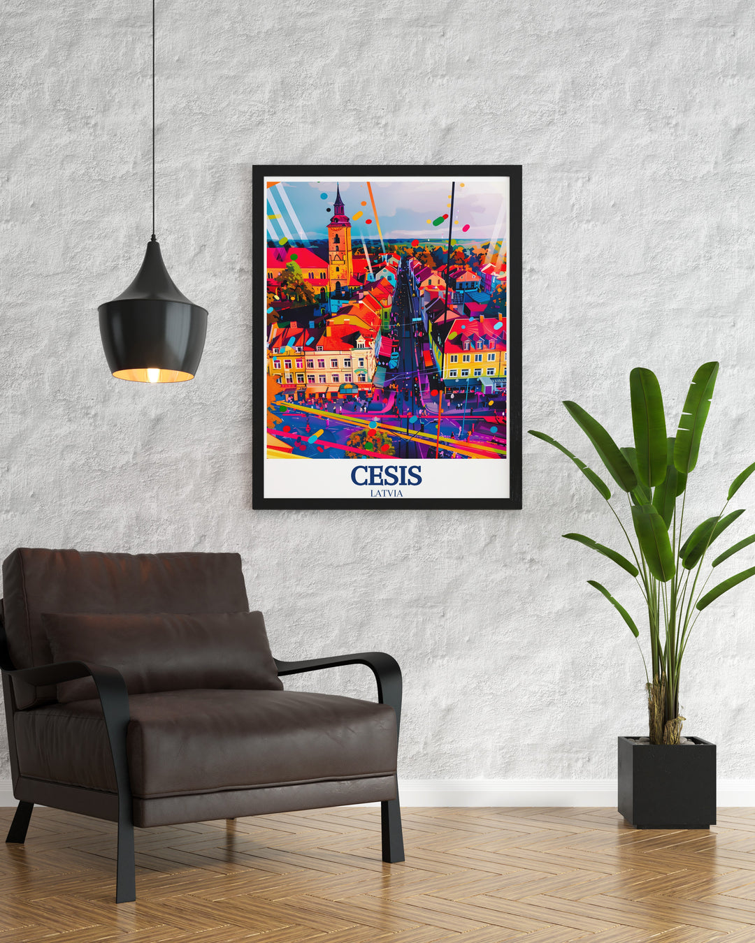 Art print featuring Cēsis Old Town with its medieval architecture and the towering St. Johns Church. This piece offers a glimpse into Latvias rich cultural heritage, ideal for those who appreciate historical art and travel inspired decor.