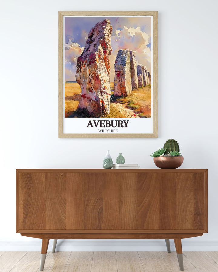 Avebury Stone Circles ancient mystique and the North Wessex Downs serene landscapes are beautifully depicted in this art print, making it a versatile piece for any home decor.