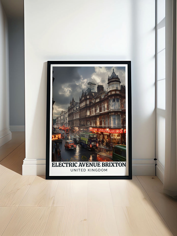 Brixtons rich cultural tapestry and dynamic market scenes are celebrated in this poster, featuring the iconic Electric Avenue and inviting you to explore its colorful paths.