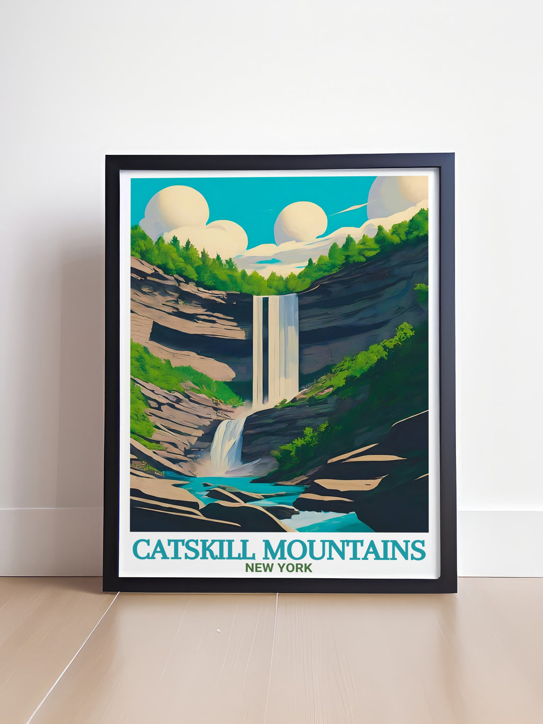 Kaaterskill Falls modern decor prints highlight the majestic beauty of the Catskill Mountains in New York. These travel posters make a perfect addition to any home, offering a serene and nature filled wall art option for your space.