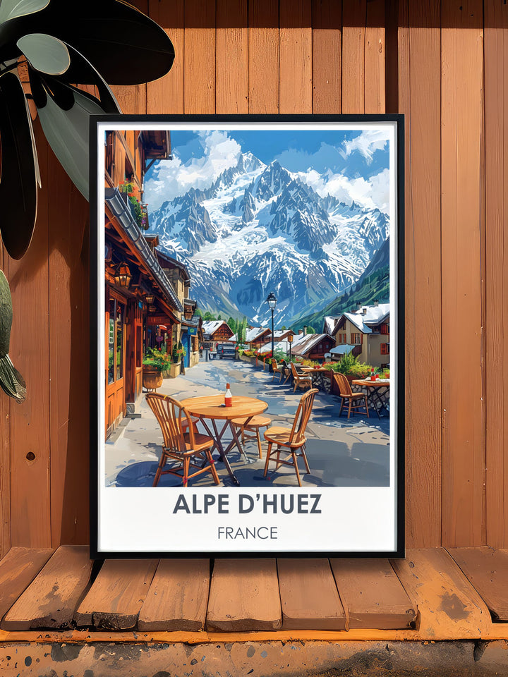 Art print of LAlpe dHuez at dawn, with the village bathed in soft winter light, perfect for Alpine decor enthusiasts.