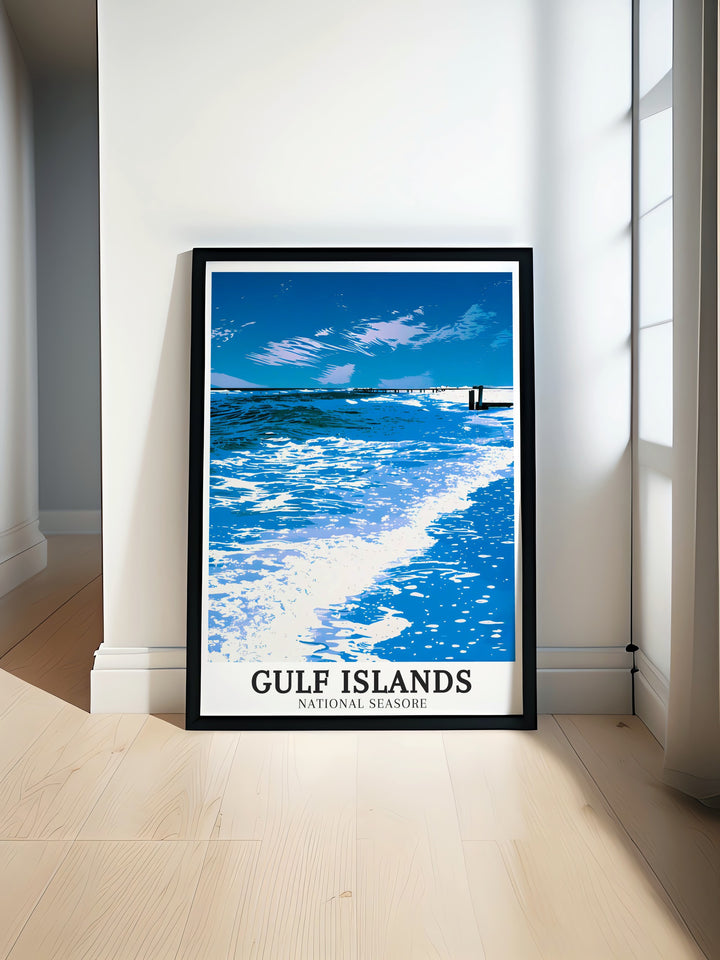 The Gulf Islands framed art highlights the untouched beauty of Floridas Gulf Islands National Seashore. With its stunning blue waters and stretches of sandy beach, this framed print is a testament to the natural beauty of the Gulf Coast. Ideal for anyone who loves coastal decor, this piece enhances the aesthetic of any living room, bedroom, or office.