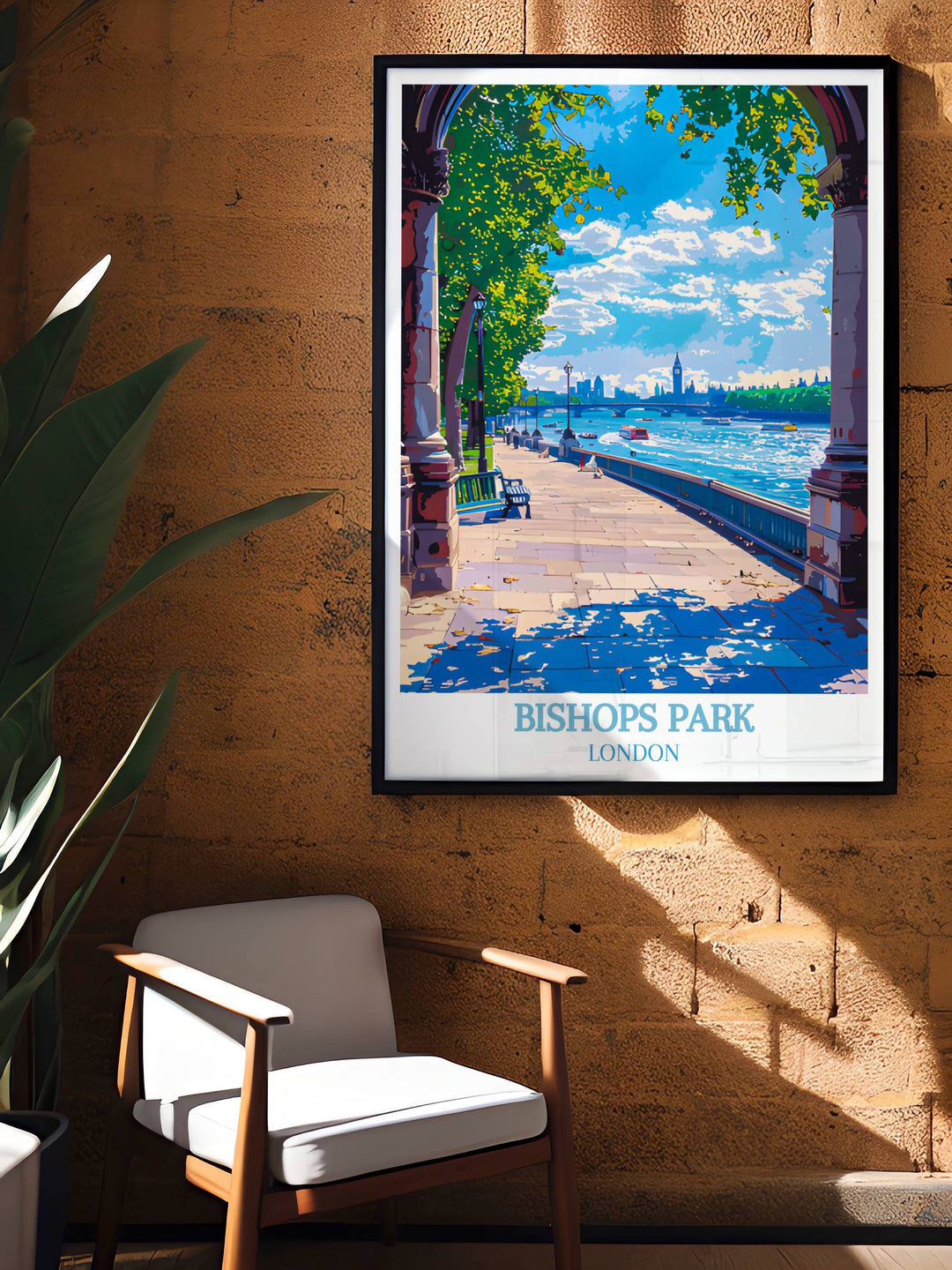 London Thames River Walk illustrated in a print with rich colors and detailed views of the citys bustling river life.