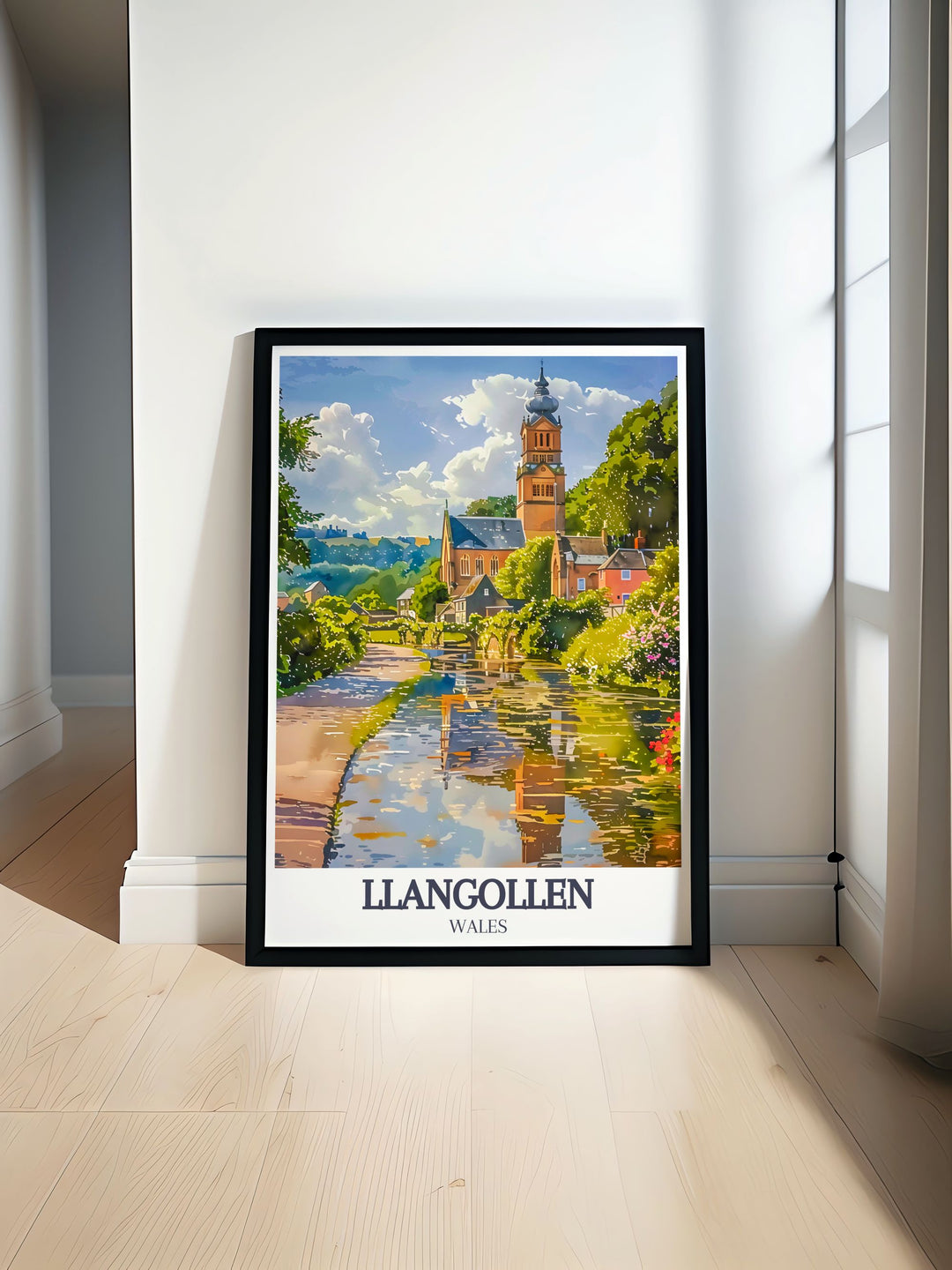 River Dee Llangollen Canal and Llangollen Methodist Church featured in a stunning wall art print perfect for adding a touch of Welsh beauty to your home decor. This poster highlights the serene landscapes and iconic architecture of Llangollen with vibrant colors and intricate details.