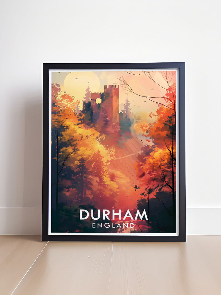 This Durham travel poster features the historic castle and its picturesque surroundings, making it an ideal piece for those who love exploring Englands rich heritage.