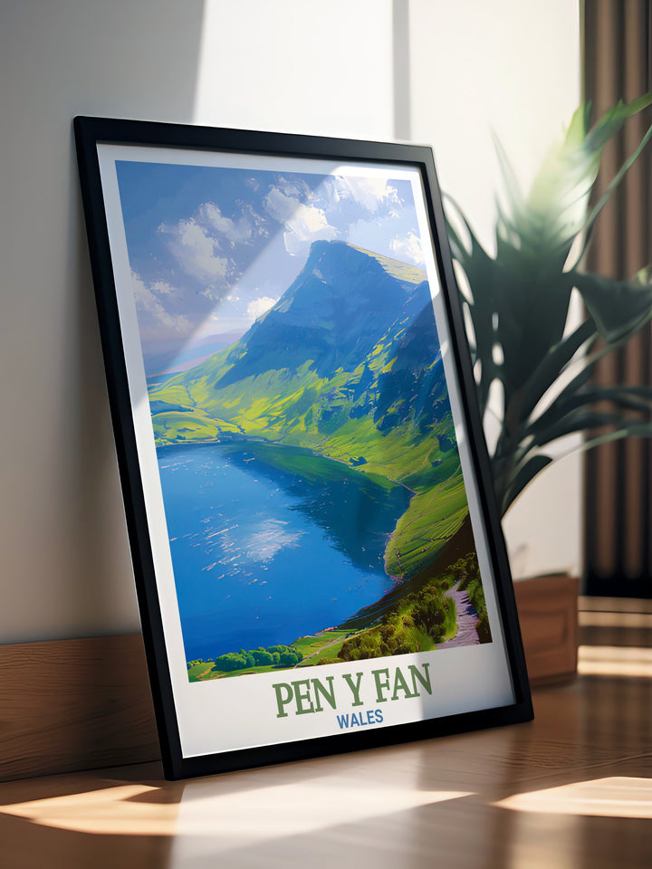 Pen y Fan Poster Print featuring the towering Welsh peak and the calm waters of Llyn y Fan Fawr. This travel print brings the serenity and majesty of Brecon Beacons into your home, making it perfect for nature inspired decor.