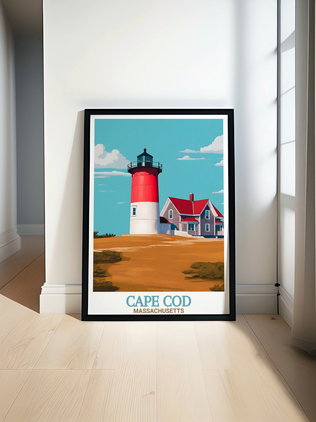 This Cape Cod poster print showcases the historic Nauset Lighthouse, a beloved symbol of Cape Cods maritime heritage. Ideal for anyone who loves coastal landscapes, this vibrant artwork adds a touch of New England charm to any room.