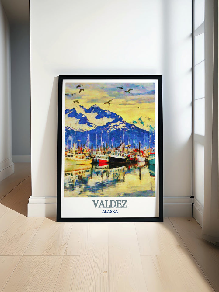 Bring the essence of Alaska into your home with this Valdez poster, showcasing the harbors calm waters and towering mountains. A perfect addition to any nature inspired decor, this print reflects the serene beauty of Valdez, making it an excellent gift for art lovers.