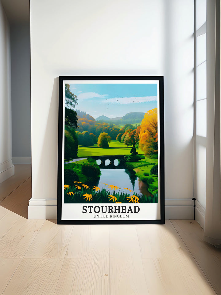 Stourhead Gardens Poster Print featuring the iconic Palladian Bridge, a symbol of classical beauty and British heritage, ideal for anyone looking to bring a piece of UK history into their home.